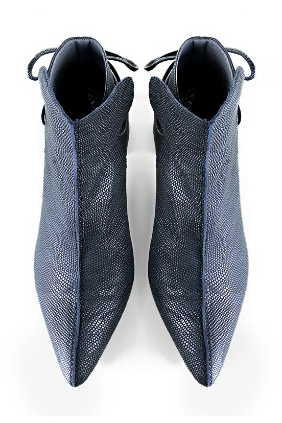 Denim blue women's ankle boots with laces at the back. Tapered toe. High flare heels. Top view - Florence KOOIJMAN
